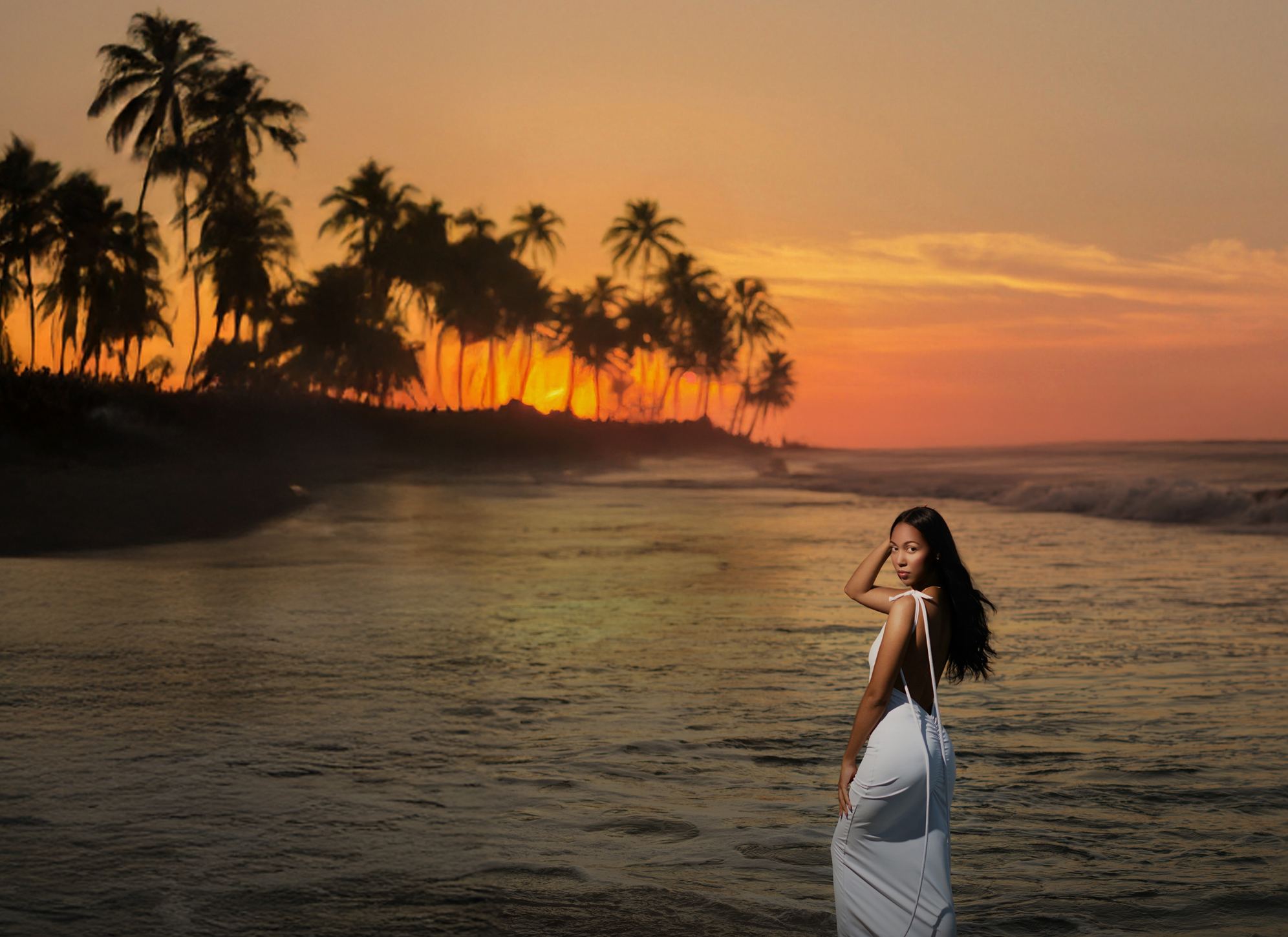 Mujer de vestido blanco en el mar al atardecer, sesión de HDZ Production
